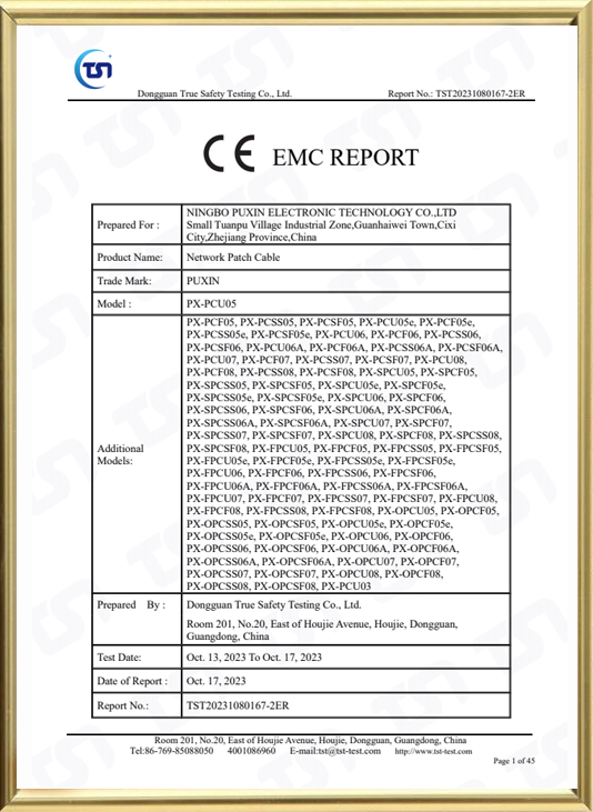 9294-80167 Cable de conexión PUXIN Informe CE EMC EN55032